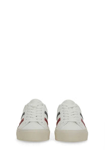 Moncler women’s white leather sneakers with red and black stripes on the sides for casual wear