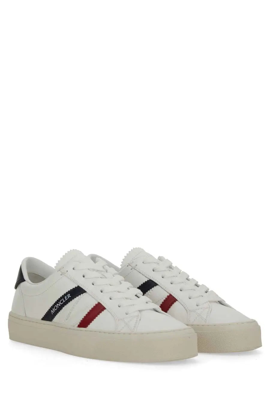 Moncler women’s sneaker white with clean leather upper, black and red side stripes, and thick platform sole