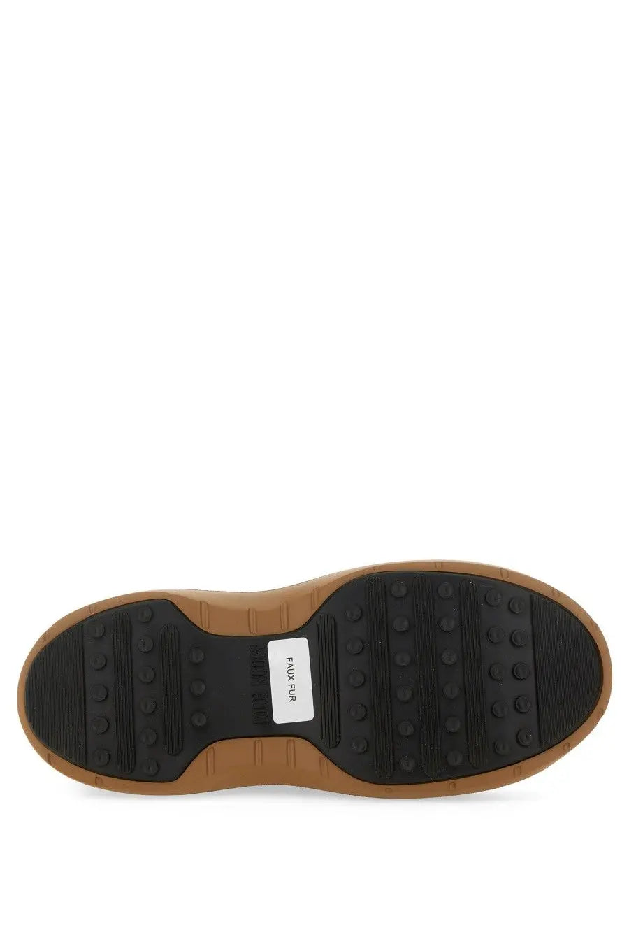 Back side of beige unisex moon boot with tan rubber sole black tread and white faux fur label at heel
