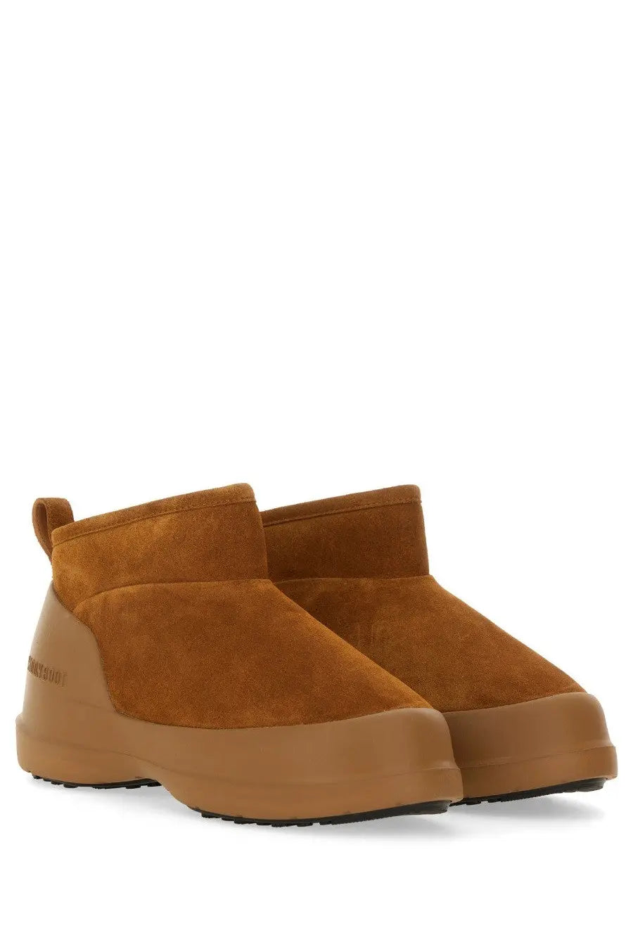 Tan suede ankle boots with chunky rubber sole from moon boot unisex moon boot beige collection