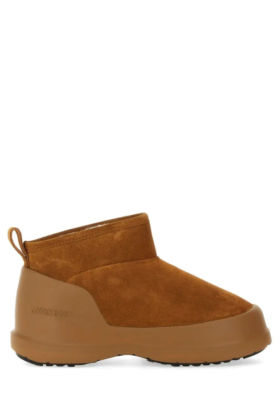 Tan suede moon boot unisex ankle boot with chunky rubber sole and back pull tab shown from the back side