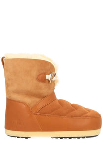 Moon boot unisex beige snow boot in tan suede and leather with quilted panel shearling lining and decorative buckle detail