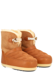 Tan suede and leather Moon Boot unisex snow boots in beige with quilted detailing white rope laces and shearling lining