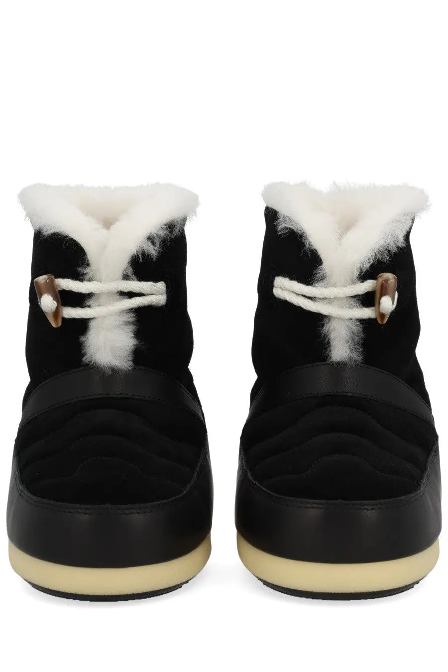 Black suede moon boot unisex ankle boots with white shearling lining and cream rubber soles evx igloo black