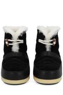 Black suede moon boot unisex ankle boots with white shearling lining and cream rubber soles evx igloo black