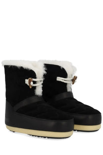 Moon Boot unisex black suede snow boots with white faux fur lining and tan leather toggle closures