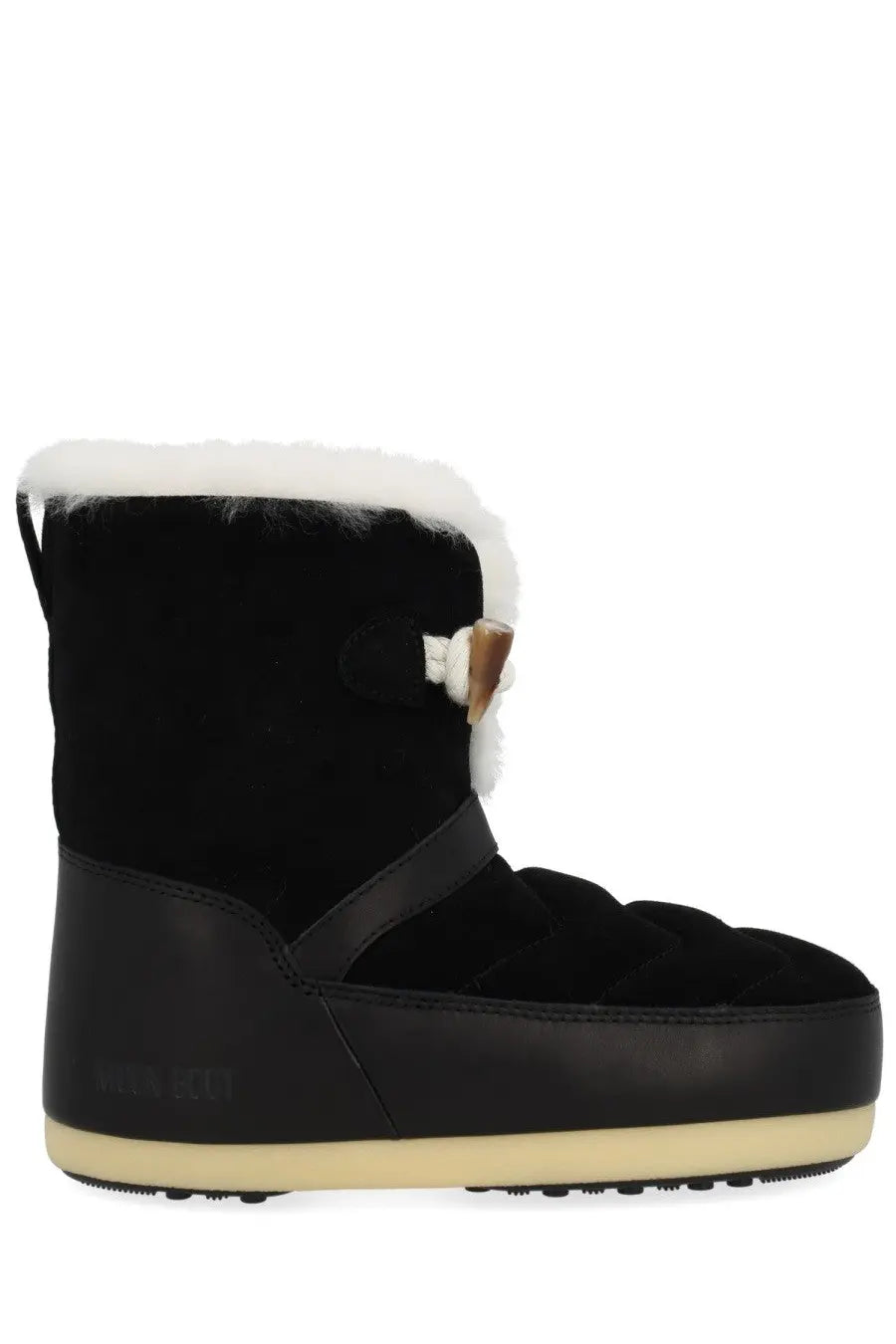 Black suede moon boot unisex snow boot with white faux fur lining and tan toggle closure for winter wear