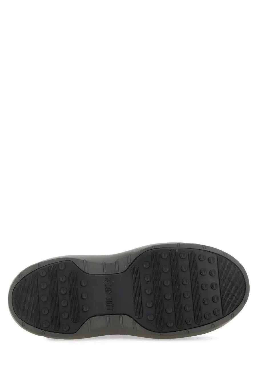 Black rubber sole with textured tread and moon boot branding on the unisex grey moon boot back side