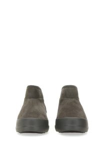 Dark olive suede slip-on sneakers with chunky black rubber sole from Moon Boot unisex moon boot grey collection
