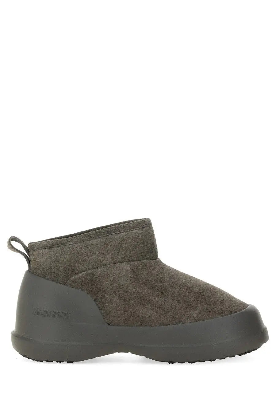 Olive green suede ankle boot with chunky rubber sole and back pull tab from moon boot unisex moon boot grey collection