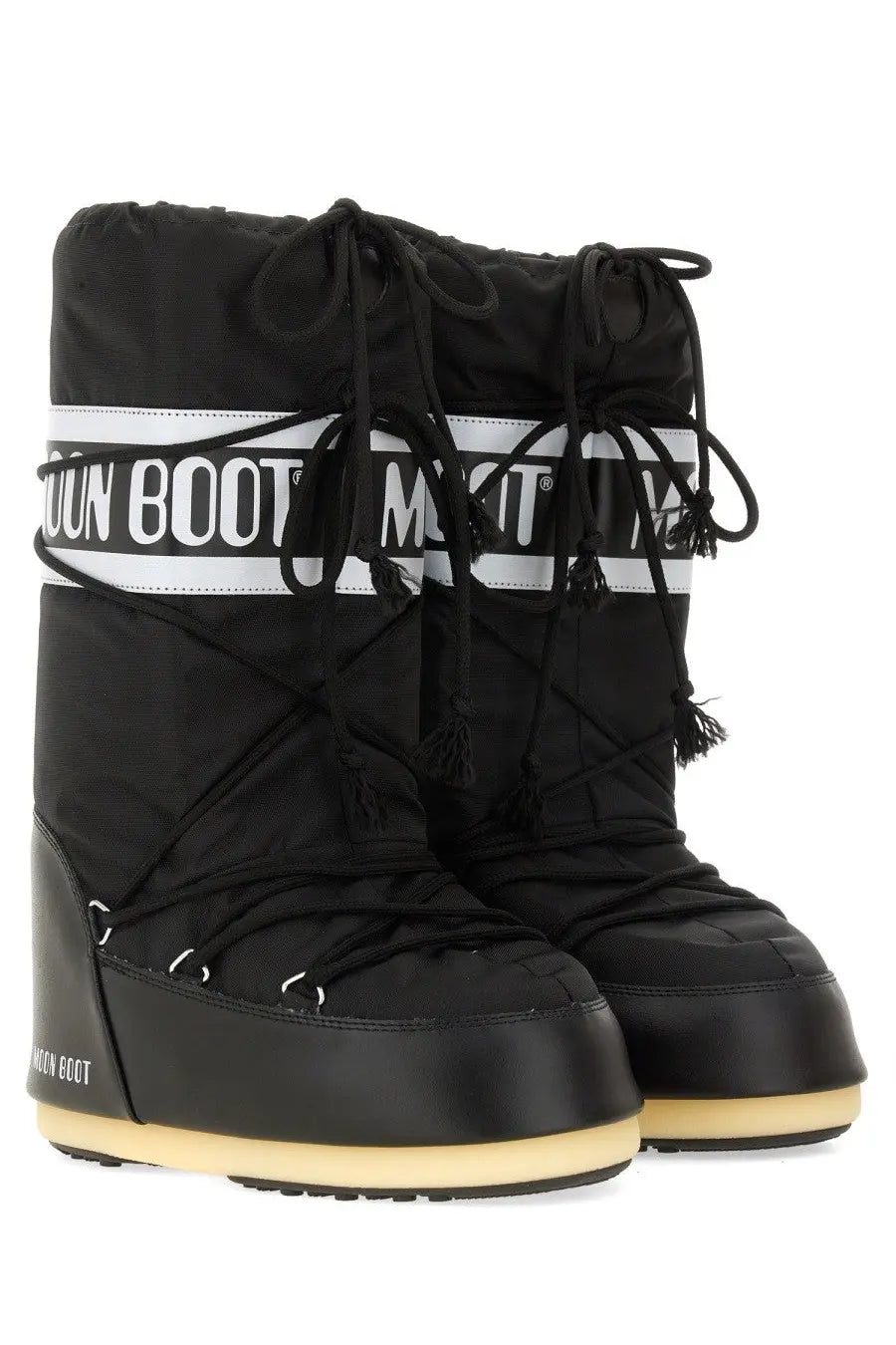 Moon Boot unisex icon boot black snow boots with white logo band and beige soles for winter outdoor use
