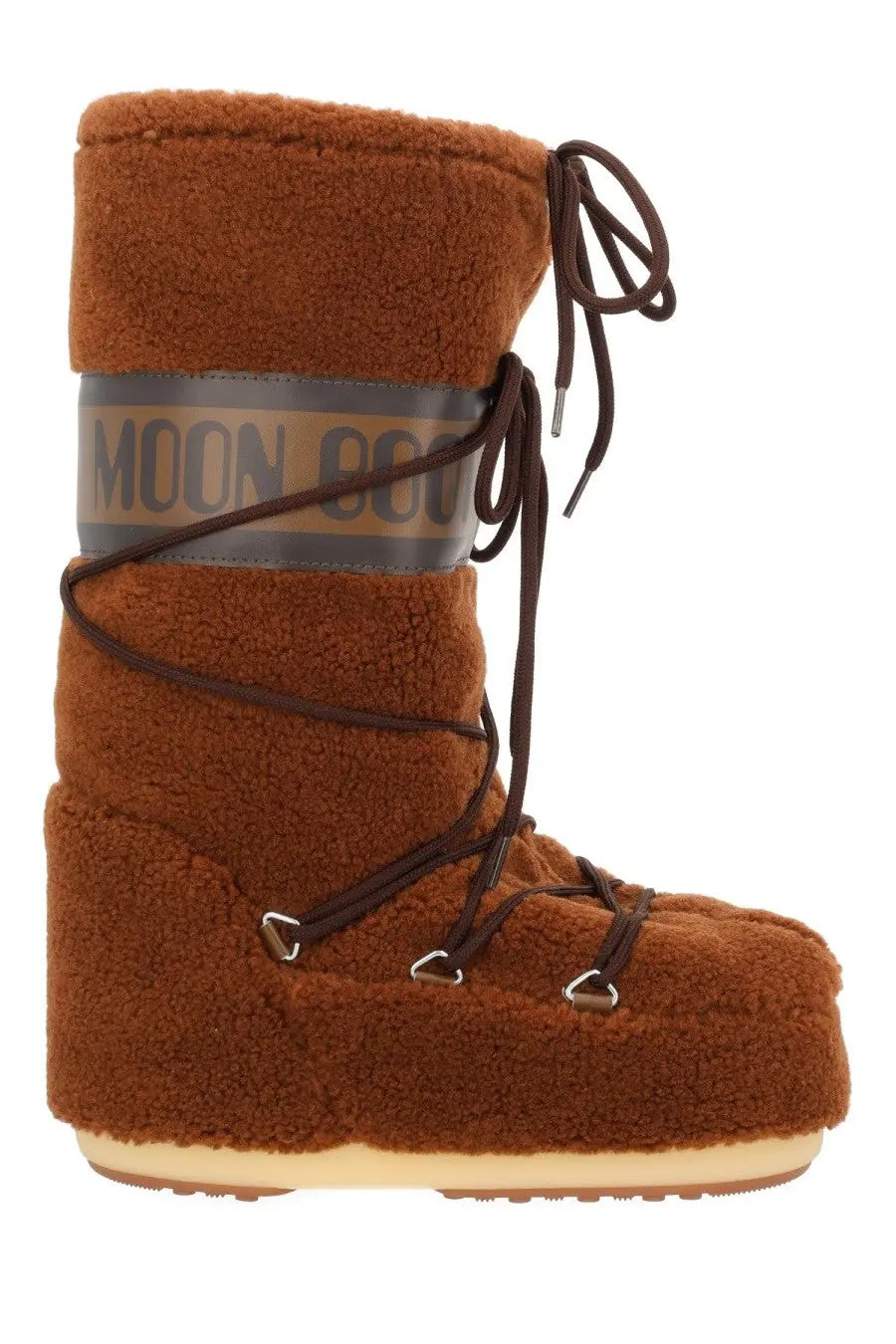 Brown fuzzy moon boot unisex icon boot with dark brown laces and gray reflective band featuring moon boot logo