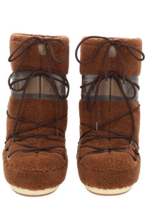 Moon Boot unisex icon boot brown with fuzzy brown upper dark brown laces and beige sole for snow use