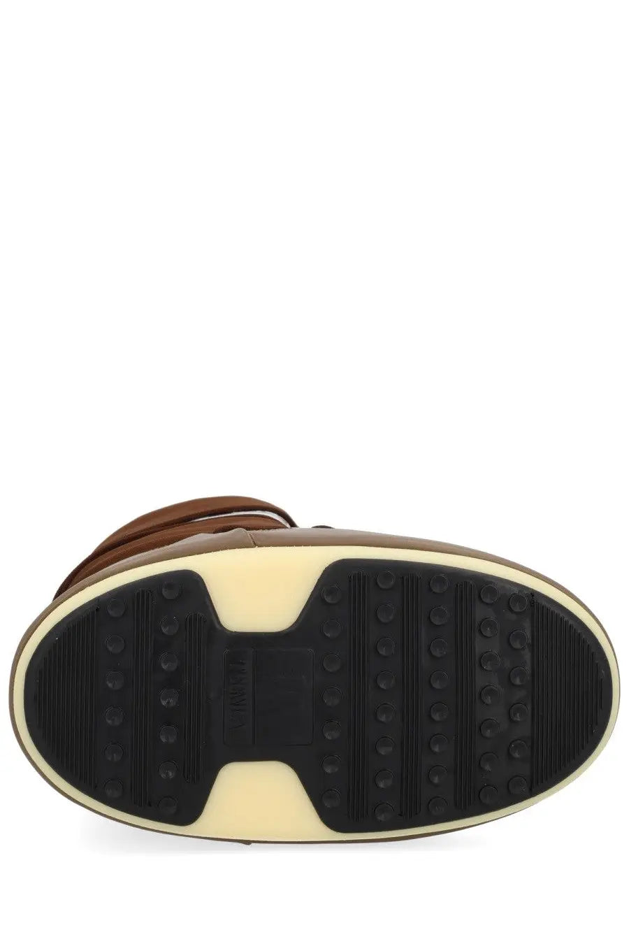 Moon Boot unisex icon boot in brown leather with black and cream rubber sole shown from the back side