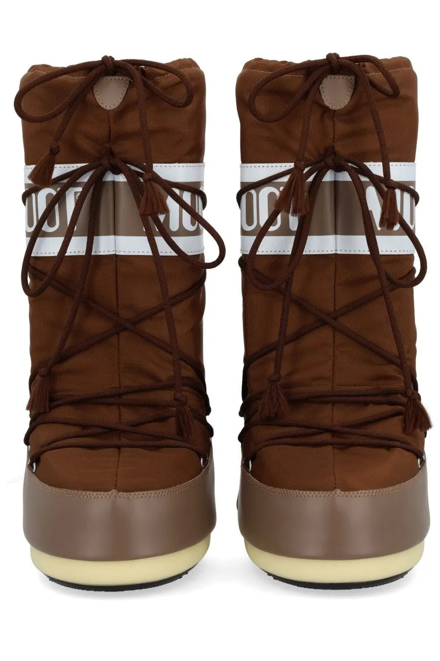 Brown moon boot unisex icon snow boots with matching laces and a white logo band for cold weather use