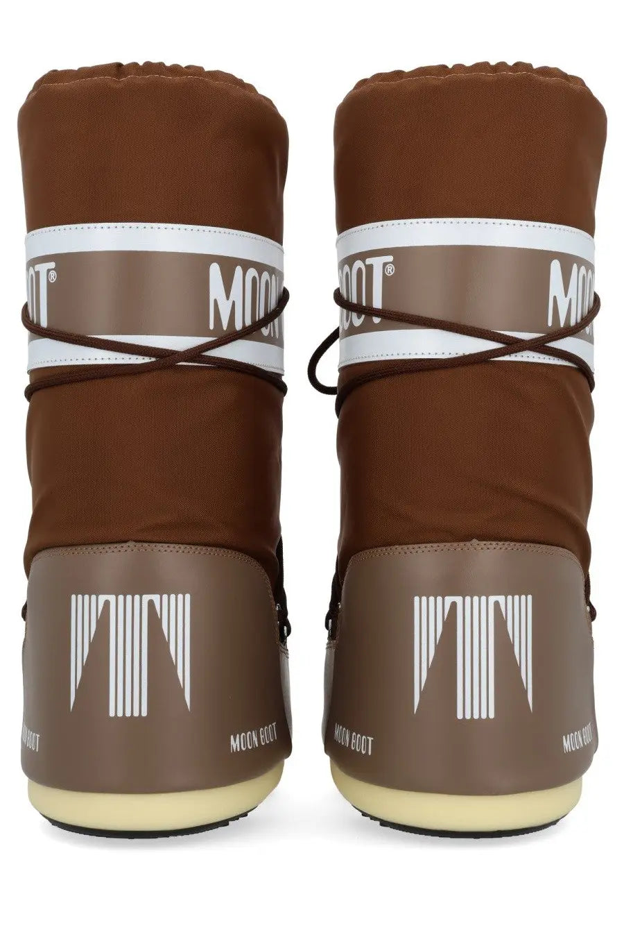 Brown moon boot unisex icon boot with tan lower section and white branding stripes for winter wear
