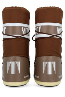 Brown moon boot unisex icon boot with tan lower section and white branding stripes for winter wear