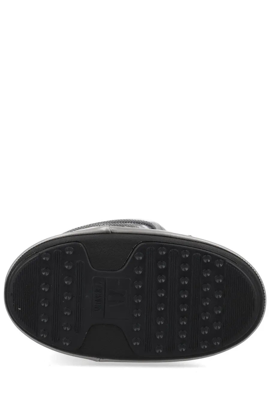 Black rubber sole with textured tread and embossed logo on the moon boot unisex icon glance boot silver