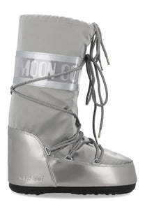 Silver metallic moon boot with reflective branding and gray laces from moon boot unisex icon glance collection