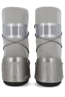 Silver metallic moon boot with reflective band and crisscross lacing from Moon Boot unisex icon glance collection