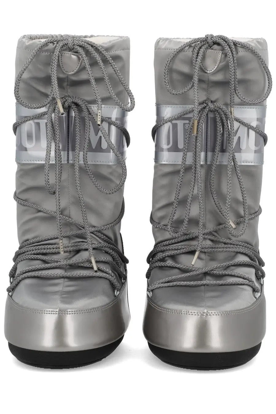 Silver metallic moon boot unisex icon glance snow boots with gray laces and reflective branding stripes