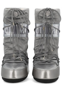 Silver metallic moon boot unisex icon glance snow boots with gray laces and reflective branding stripes
