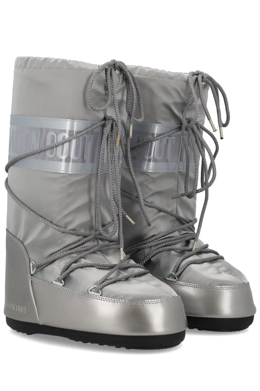 Silver metallic moon boot unisex icon glance snow boots with gray laces and reflective branding bands