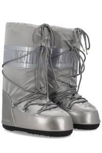 Silver metallic moon boot unisex icon glance snow boots with gray laces and reflective branding bands
