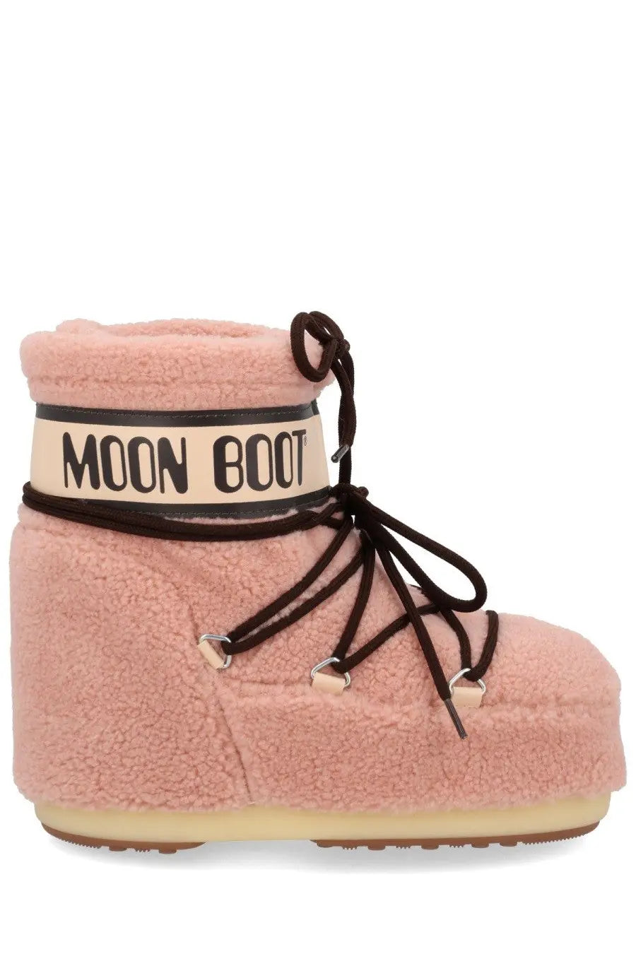 Pink fluffy moon boot with black laces and cream band featuring moon boot logo in unisex fleece design