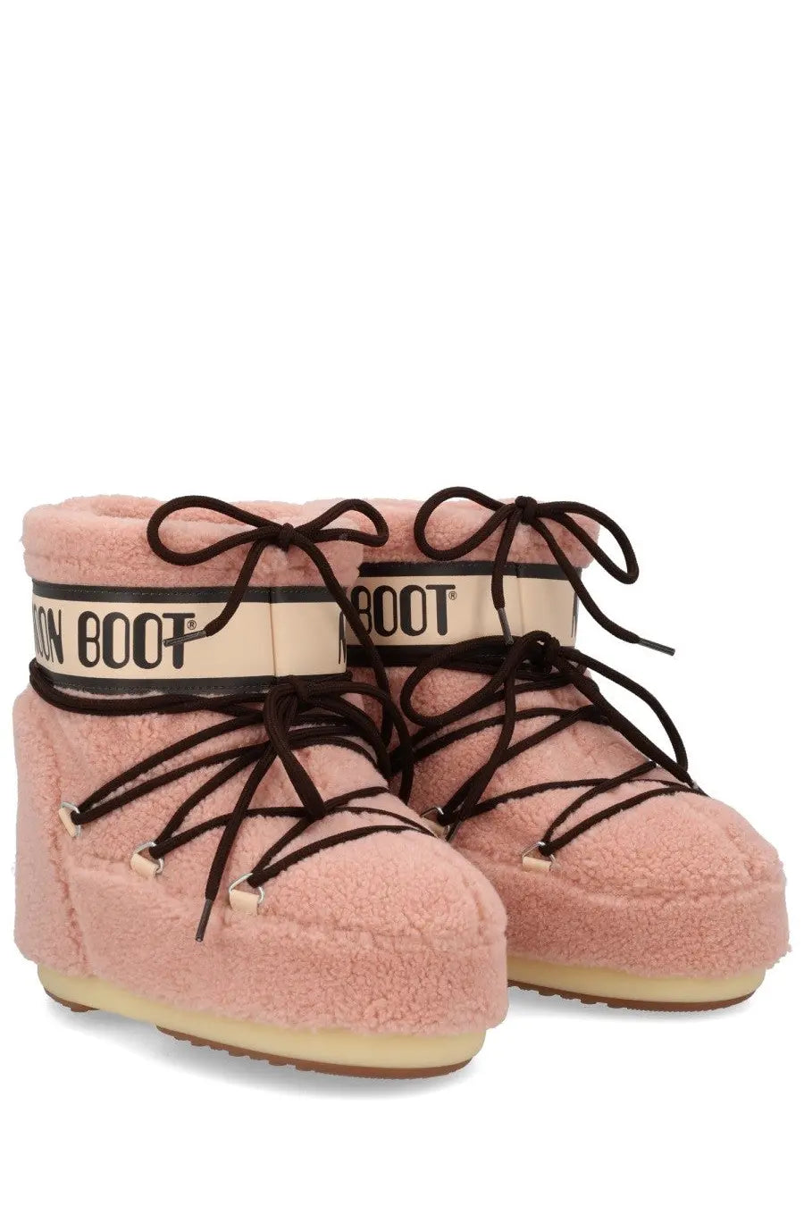 Pink fluffy moon boot snow boots with black laces and cream brand strap in moon boot unisex icon low fleece blue