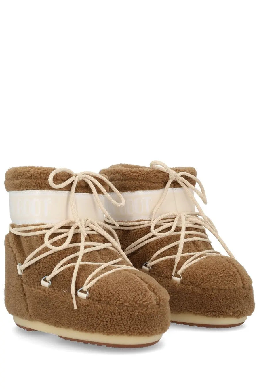 Moon boot unisex icon low fleece boot brown with cream laces and white reflective band around the ankle