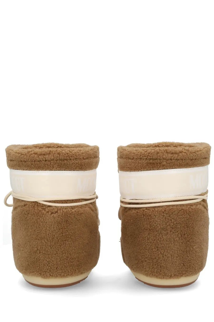 Tan Moon Boot unisex icon low fleece boot brown with shearling lining cream strap and matching laces visible from front