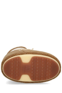 Tan suede moon boot with rubber sole and beige midsole in moon boot unisex icon low fleece boot brown product image