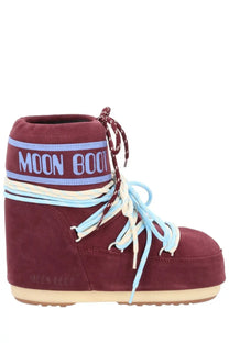 Moon Boot unisex low boot in maroon suede with light blue and cream laces and a matching logo band