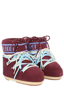 Moon Boot unisex low red suede moon boot with light blue and white laces for casual winter wear