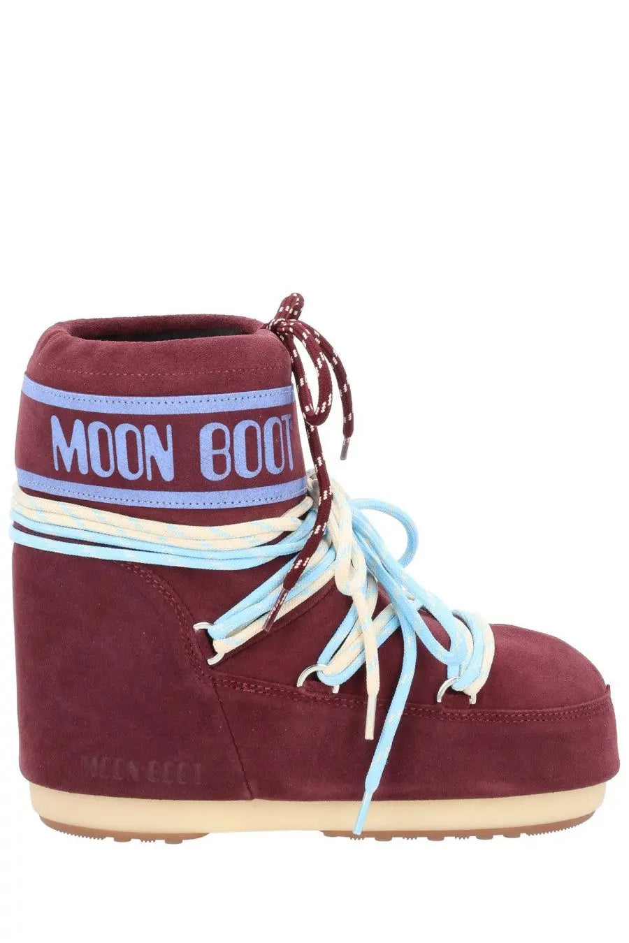 Moon boot unisex icon low red suede boot with light blue and cream laces and matching logo band