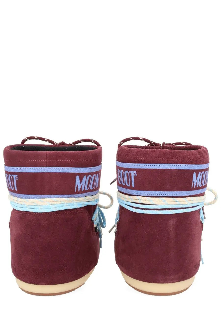 Maroon suede moon boot with light blue and white striped accents from moon boot unisex boot icon low red collection