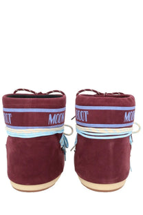 Maroon suede moon boot with light blue and white striped accents from moon boot unisex boot icon low red collection
