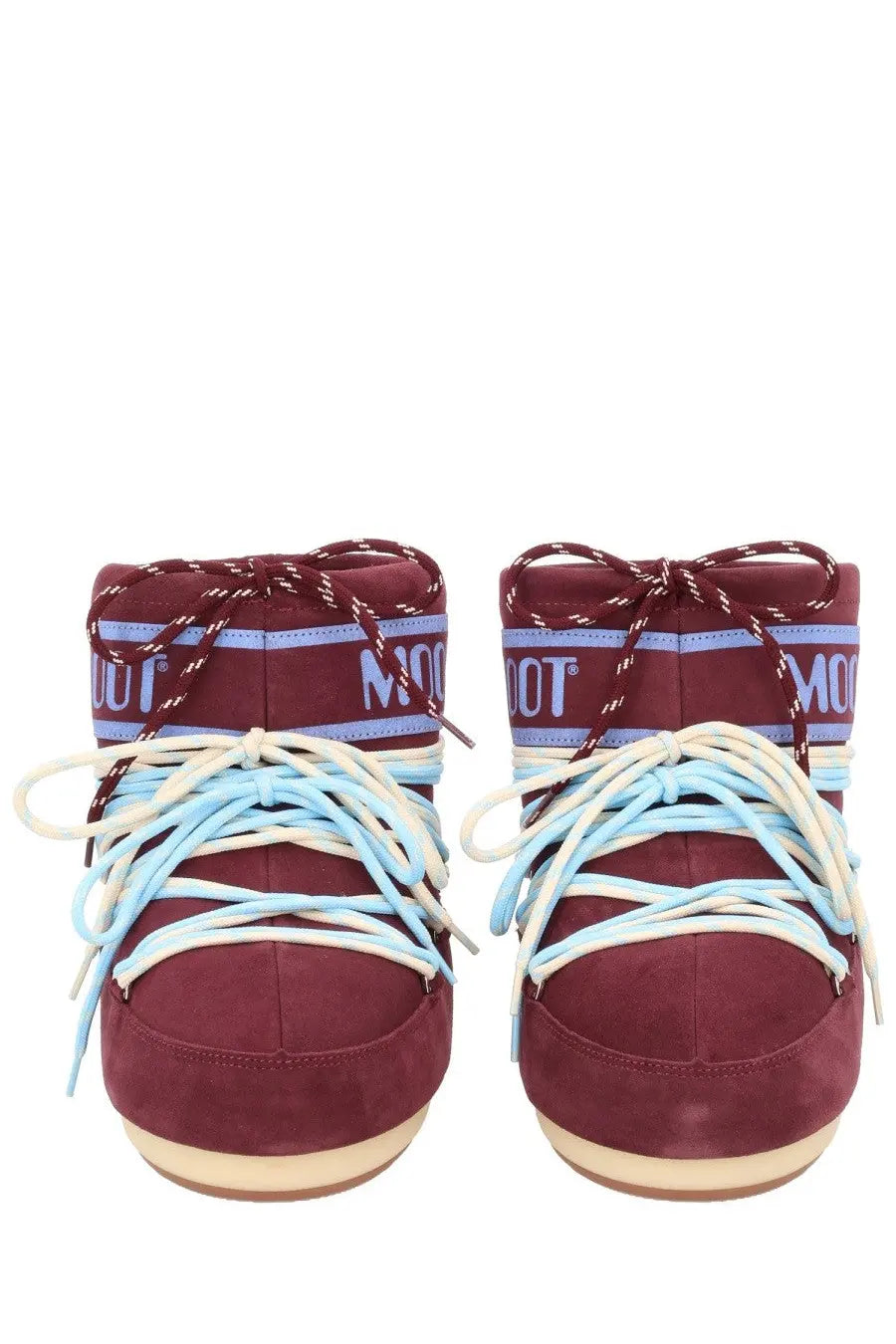 Maroon suede moon boot snow boots with light blue and white laces from Moon Boot unisex boot icon low red collection