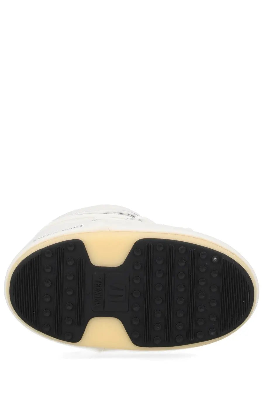 Back view of moon boot unisex icon boot with white rubber sole black textured tread beige midsole and logo on heel