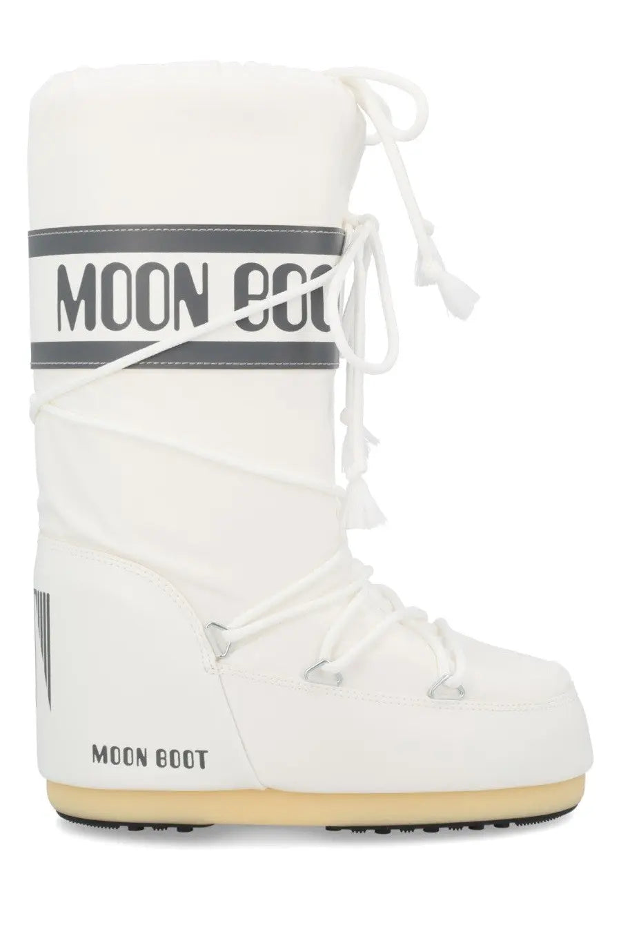 White moon boot unisex icon boot with sleek high-top design featuring black branding stripes and laces