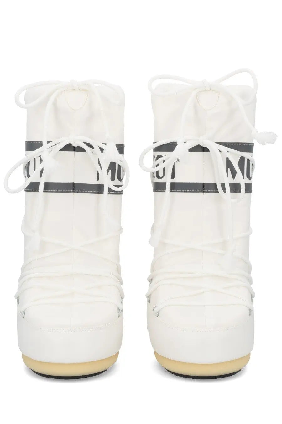 White moon boot unisex icon snow boots featuring black logo stripes and white laces for cold weather use