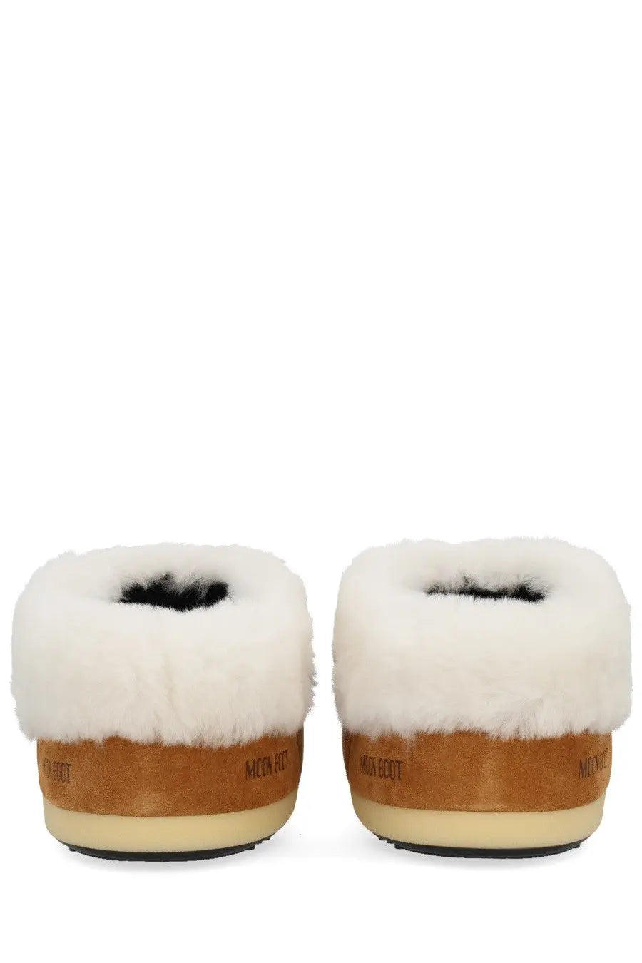 Tan suede moon boot slippers with plush white fur lining and cream rubber sole moon boot unisex leather evx mules beige