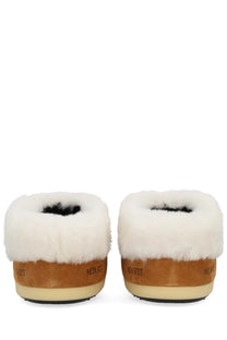 Tan suede moon boot slippers with plush white fur lining and cream rubber sole moon boot unisex leather evx mules beige