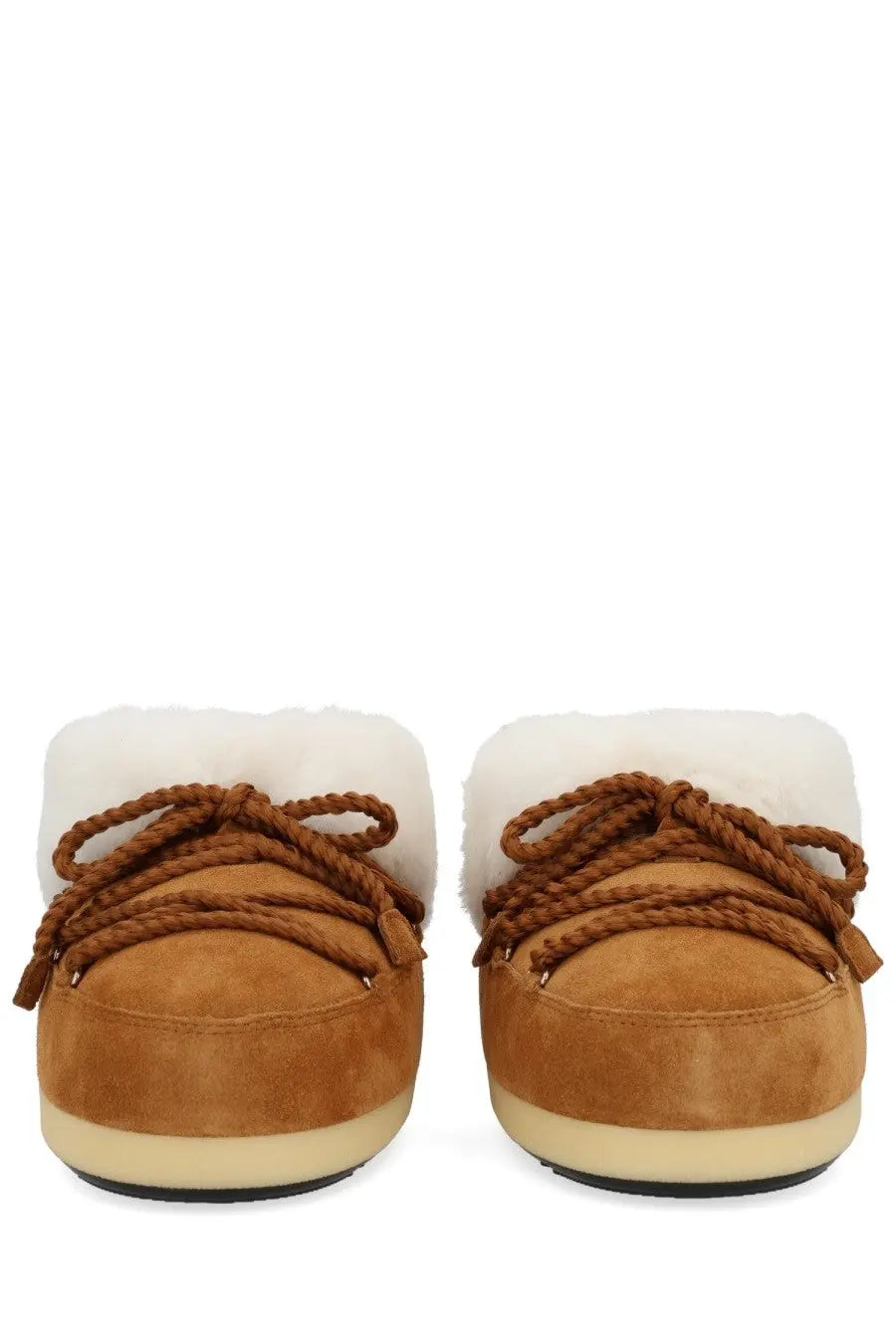 Tan suede moon boot slippers with white shearling lining and braided brown laces from moon boot unisex leather evx mules beige
