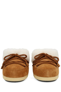 Tan suede moon boot slippers with white shearling lining and braided brown laces from moon boot unisex leather evx mules beige