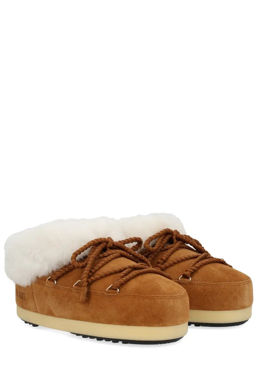Tan suede moon boot unisex leather evx mules beige with white shearling lining and brown braided laces