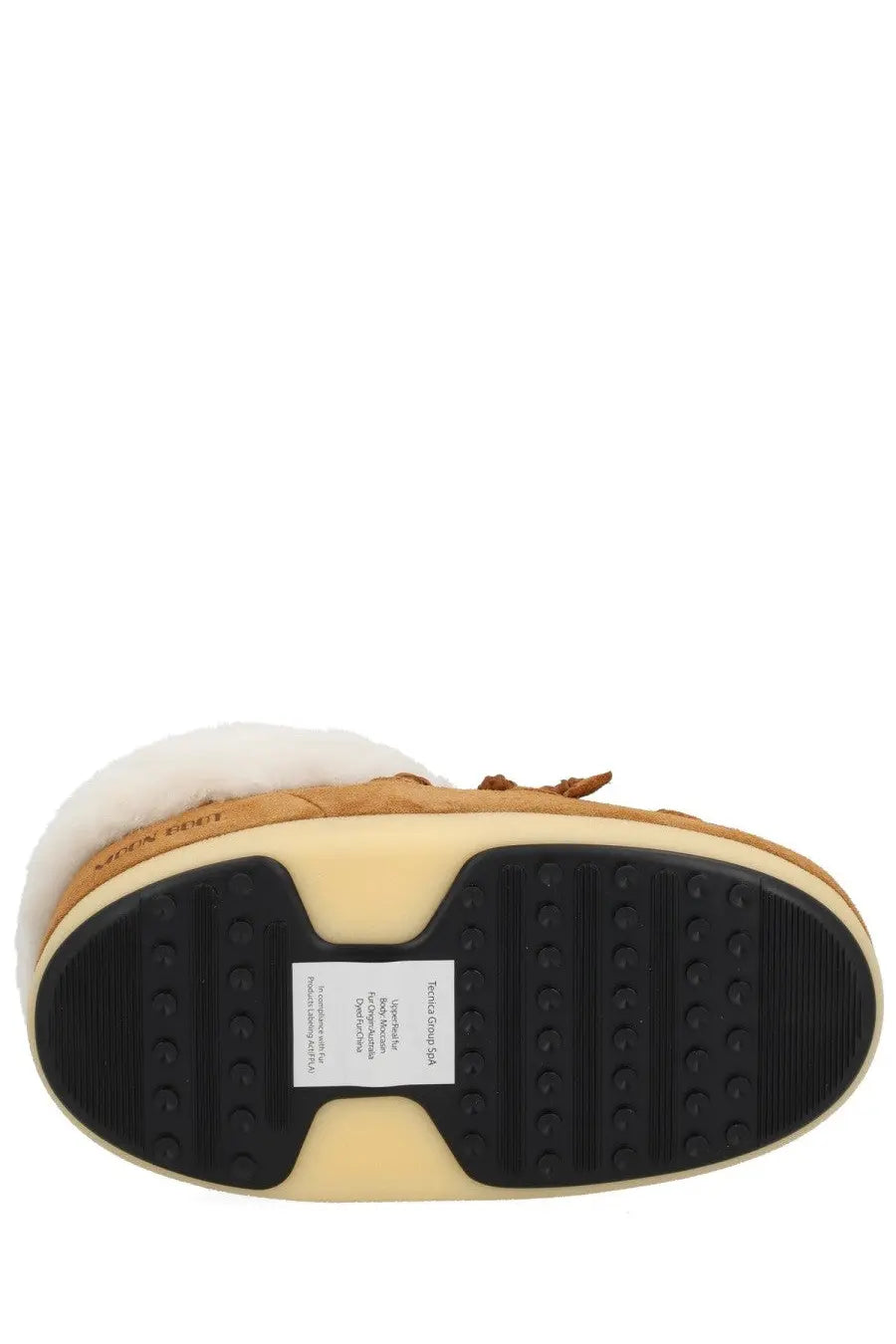 Tan suede moon boot unisex leather evx mules beige with white shearling lining and black rubber sole