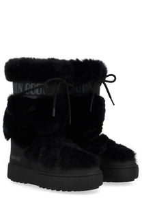 Moon boot unisex boot ltrack high in black with black faux fur lining glossy strap and laces for winter use