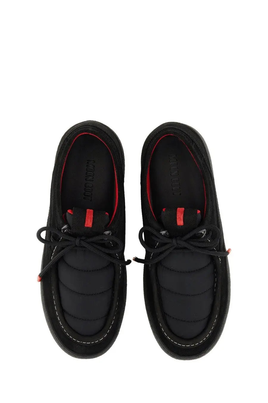 Black quilted canvas moon boot unisex mtrack wallaby low boat shoes with red accents and black laces